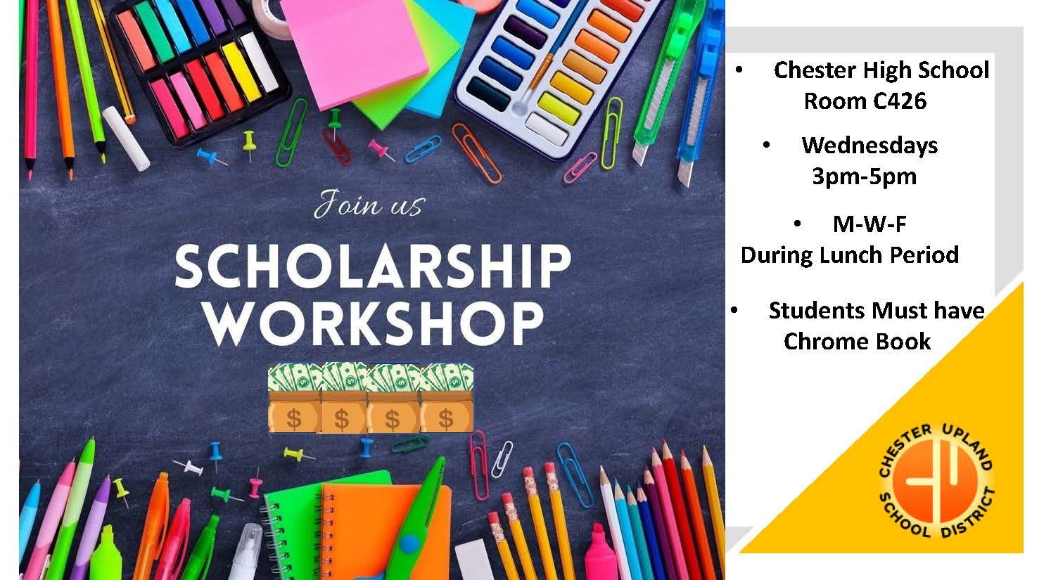  Graphic with colored pencils and title text reading Scholarship Workshops